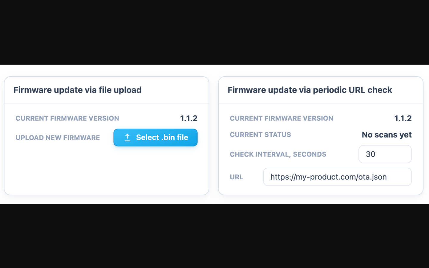 Two Mongoose firmware update panels: one accepting a binary upload, one polling a URL on a thirty second interval, both showing the current firmware version.