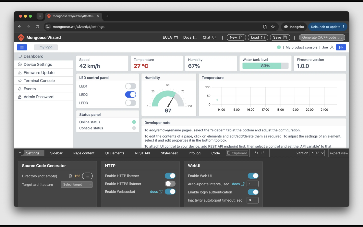 The Mongoose Wizard editor, with a dashboard preview above and a settings panel below showing the source code generator, target architecture selector, HTTP listener toggles and Web UI options.